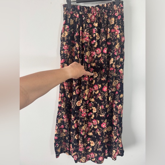 Vintage Cotton Ginny Floral Maxi Skirt Black Pink Midi Cottagecore Button Front - Picture 9 of 9